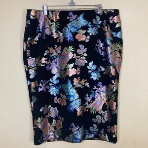 ECI Women New York Black Floral Pencil Skirt 2X Multicolor Metallic Floral